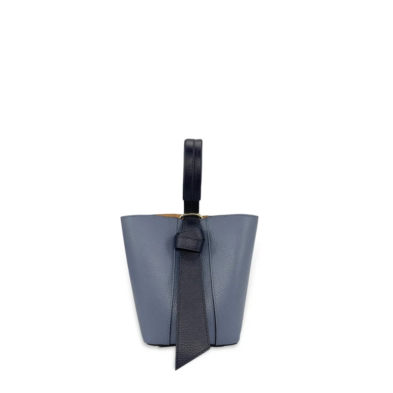 Sac seau et pochette en cuir grainé BIRDIE Bleu marine et bleu glacier