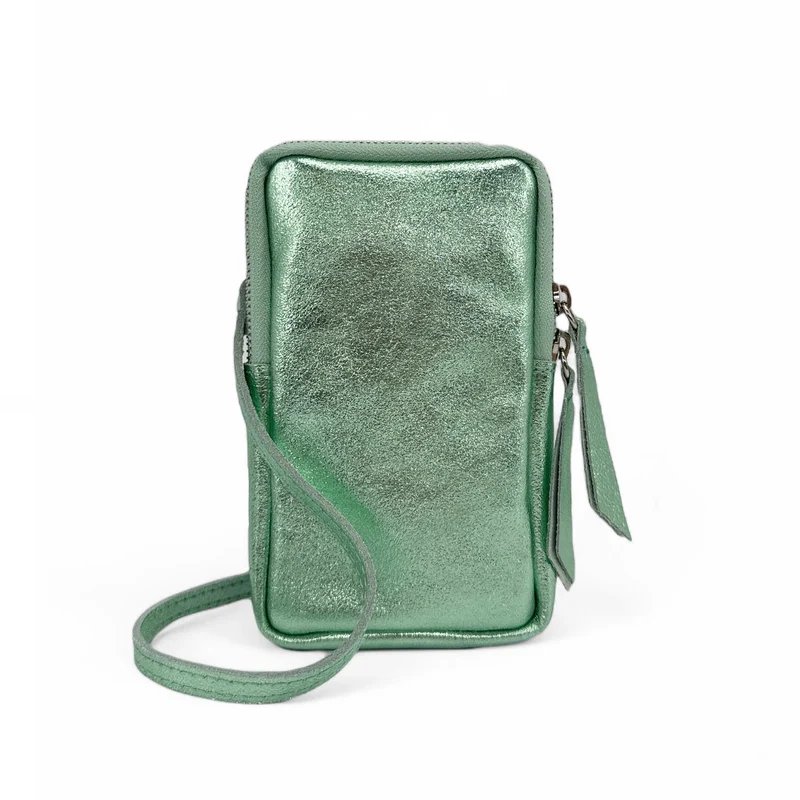Pochette téléphone bandoulière en cuir irisé LOUVRE Vert menthe givrée