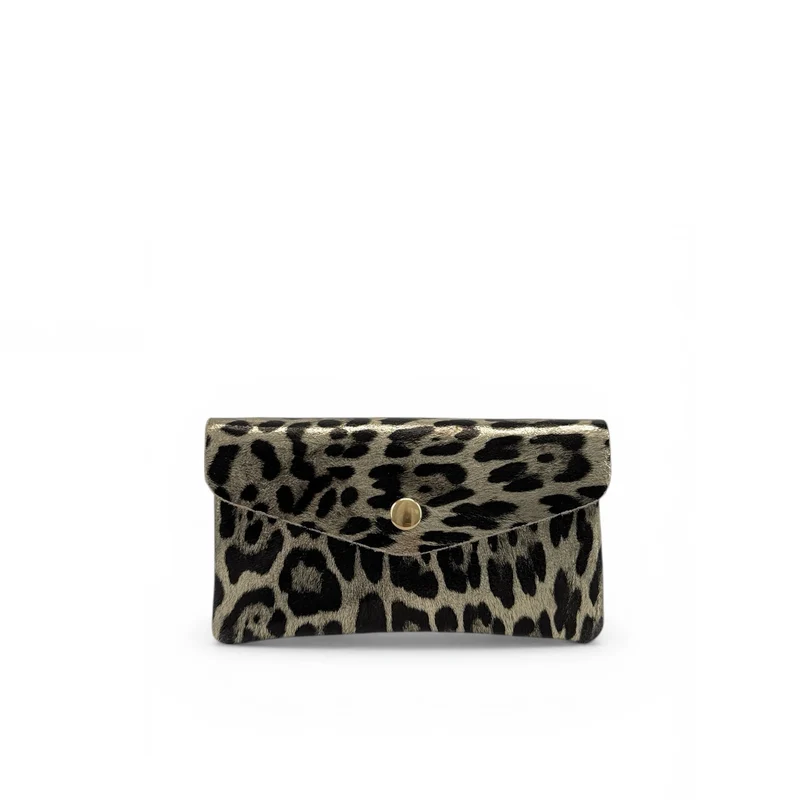 Pochette porte-monnaie en cuir irisé COMPO JUNGLE Leopard or pâle