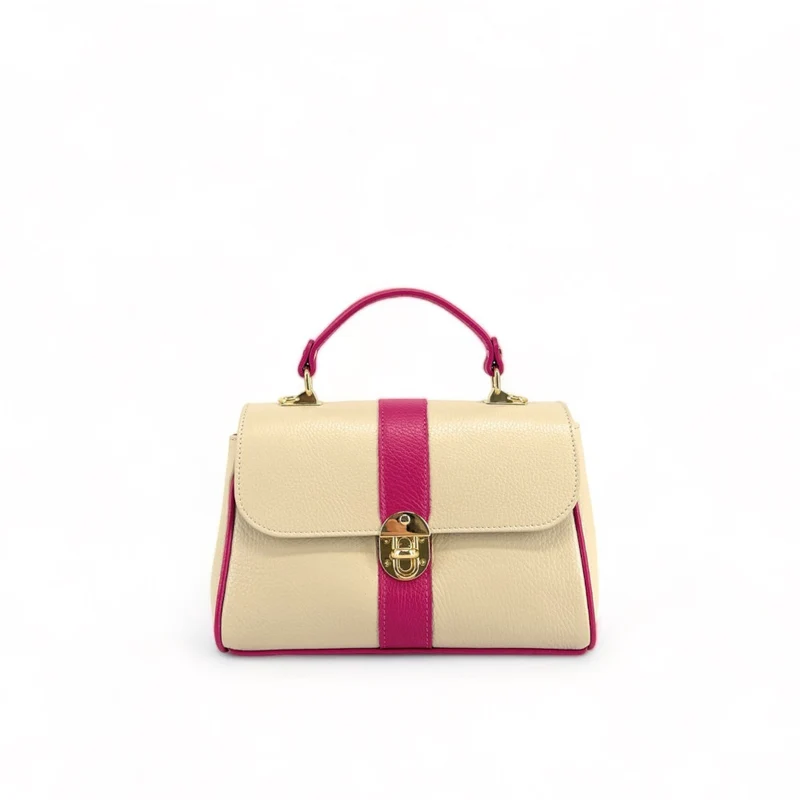 Sac à main en cuir grainé ZOE Beige / Rose fuchsia