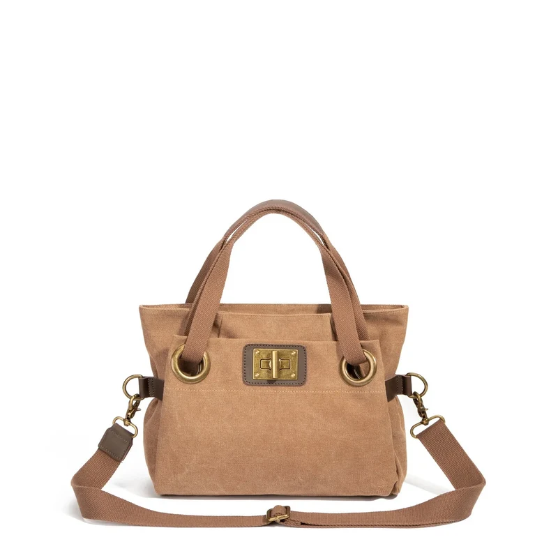 Sac porté épaule en cuir et toile PONT-DES-ARTS MINI Marron camel foncé