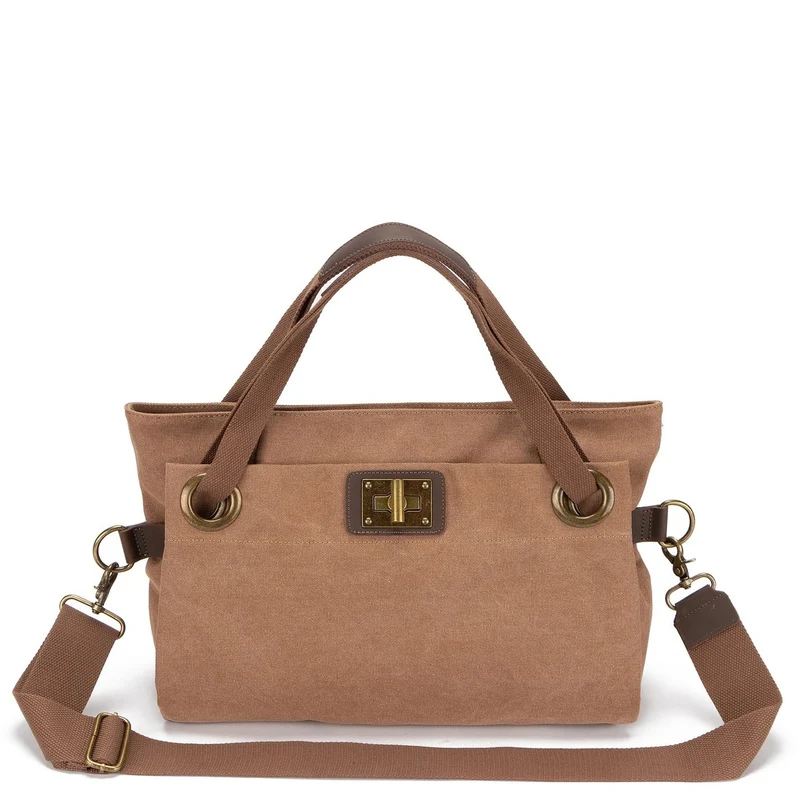 Sac porté épaule en cuir et toile TOBAGO M Marron camel foncé