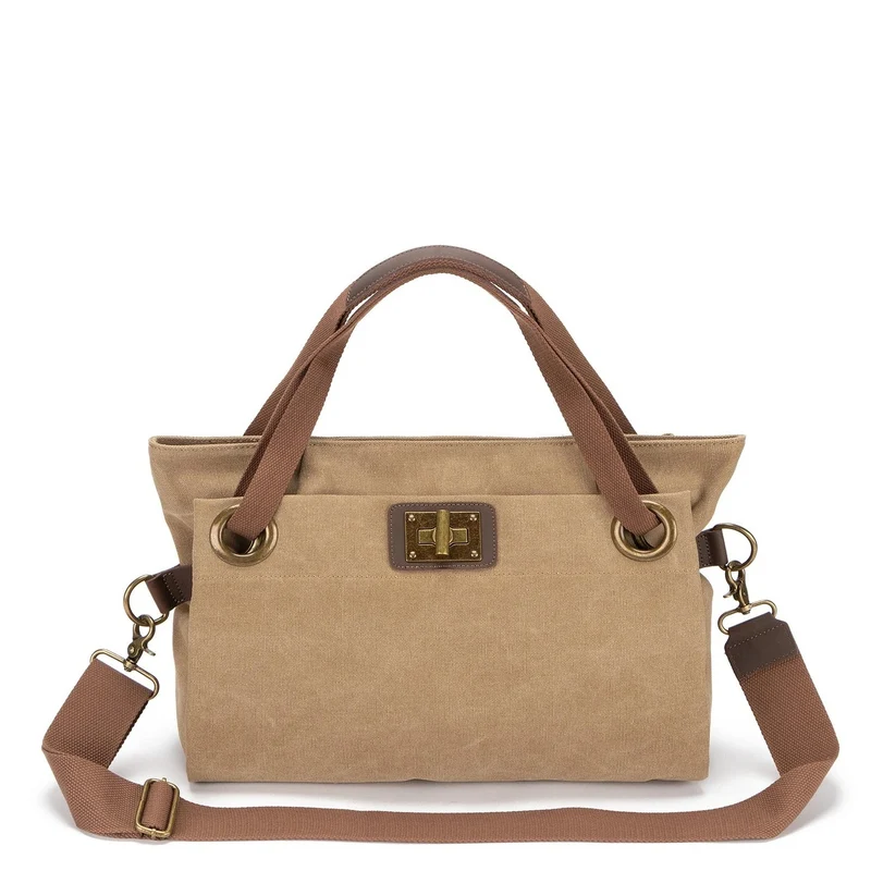 Sac porté épaule en cuir et toile TOBAGO M Beige foncé