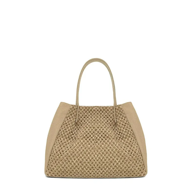 Sac cabas en cuir grainé et raphia OXANE Taupe