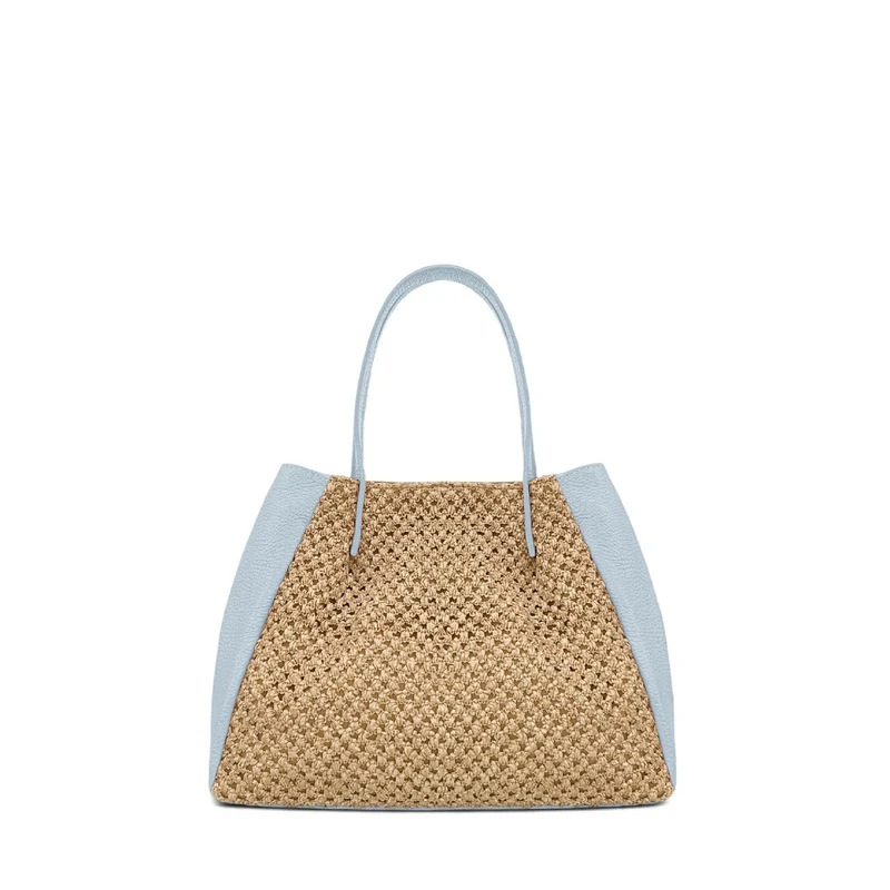 Sac cabas en cuir grainé et raphia OXANE Bleu pastel