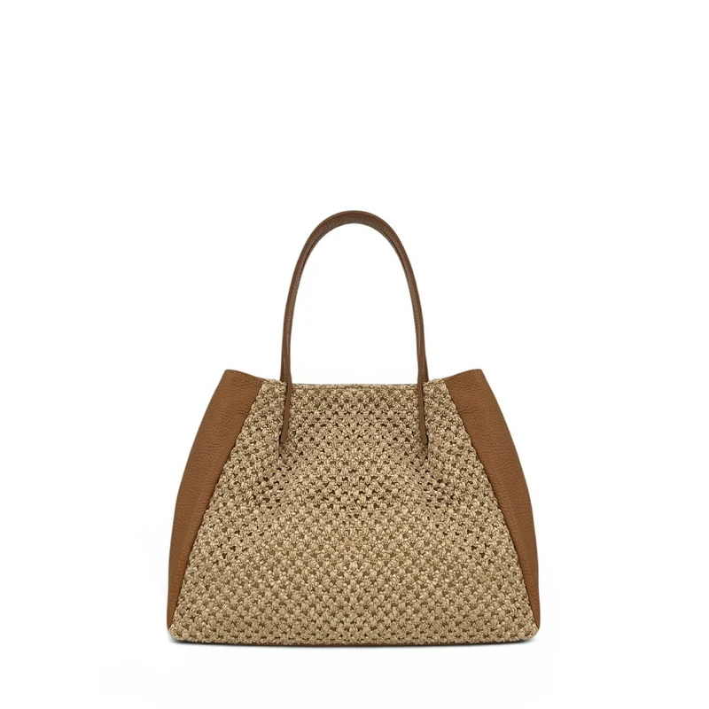 Sac cabas en cuir grainé et raphia OXANE Marron camel