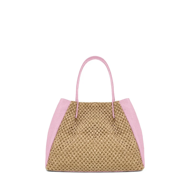 Sac cabas en cuir grainé et raphia OXANE Rose pastel