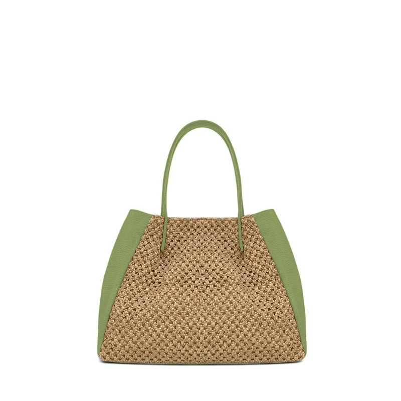 Sac cabas en cuir grainé et raphia OXANE Vert matcha latte