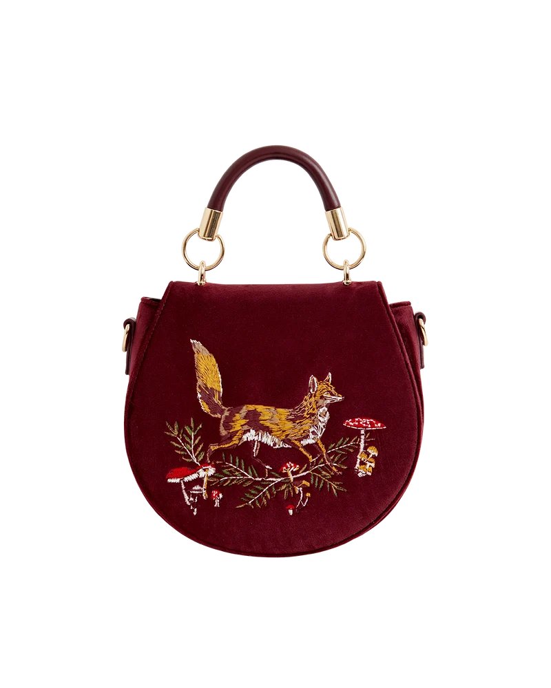 Fox & Mushroom Embroidered Saddle Bag - Redcurrant Velvet