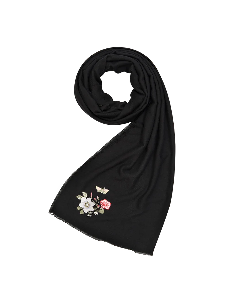 Floral Embroidered Pashmina Scarf in Black