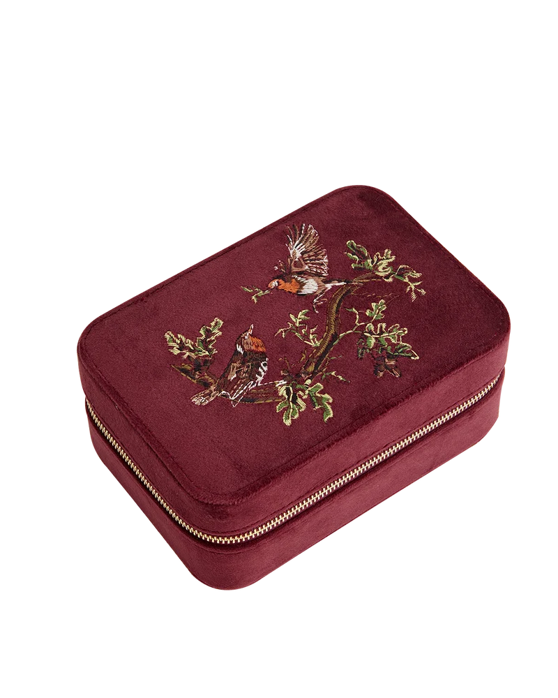 Robin Love Embroidered Large Jewellery Box Redcurrant Velvet