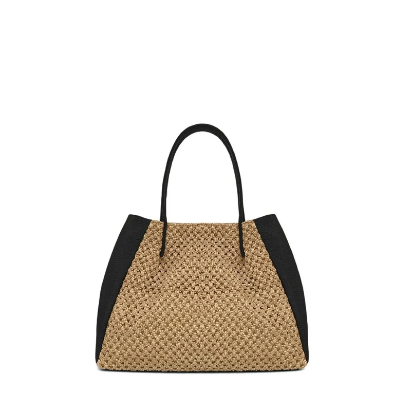 Sac cabas en cuir grainé et raphia OXANE Noir