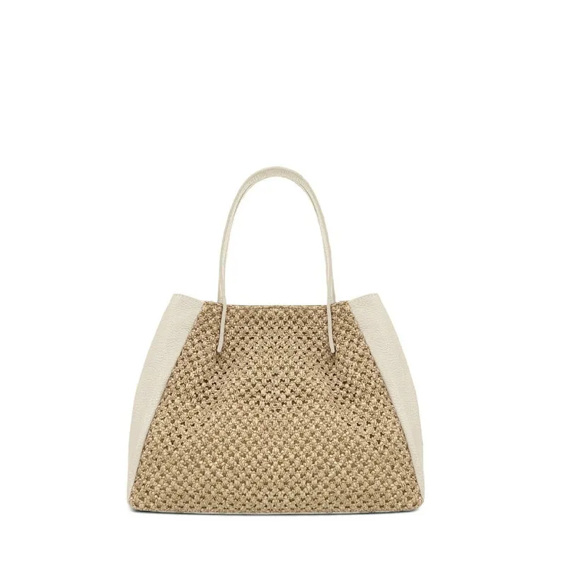 Sac cabas en cuir grainé et raphia OXANE Beige crème