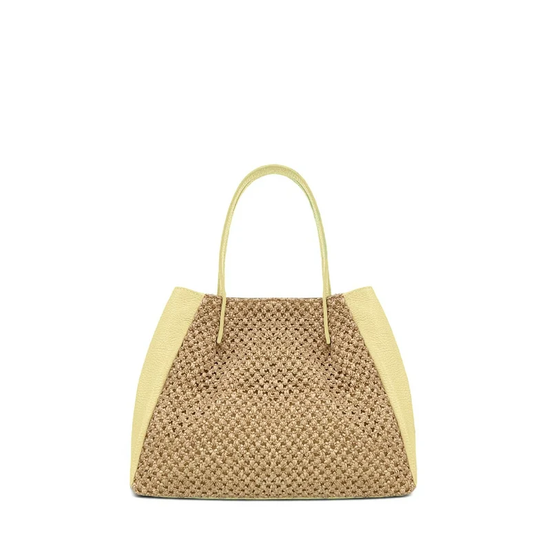 Sac cabas en cuir grainé et raphia OXANE Soft jaune