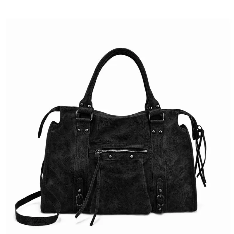 Sac à main en cuir brossé et clous argenté SANDSTORM SILVER Noir