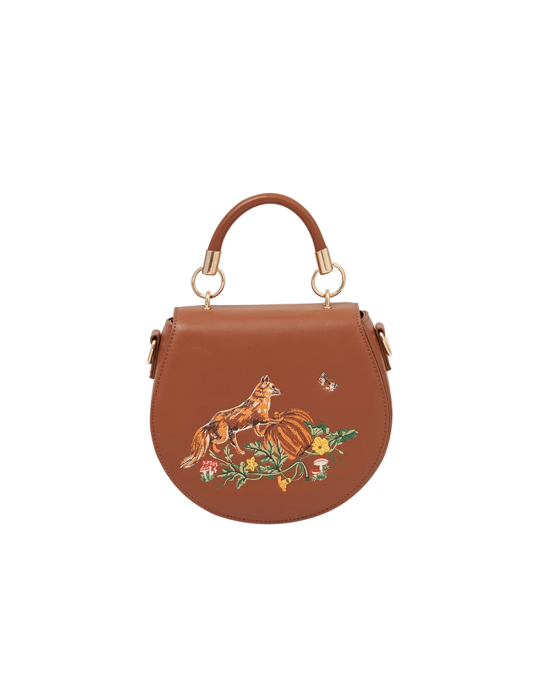 Fox & Pumpkin Embroidered Tan Saddle Bag