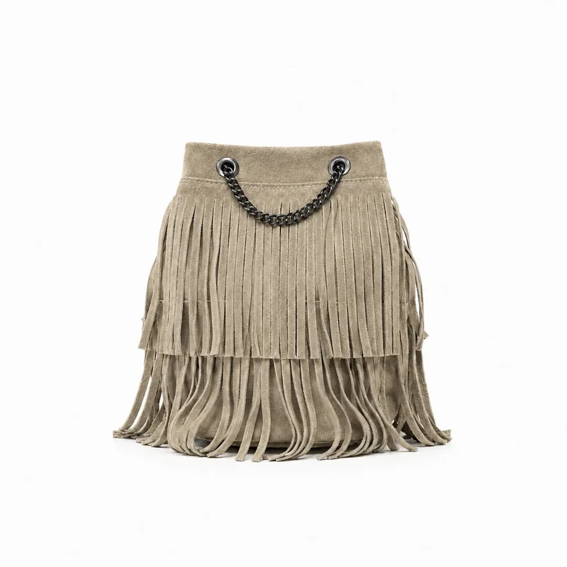 Sac à main à franges en daim TADI Taupe