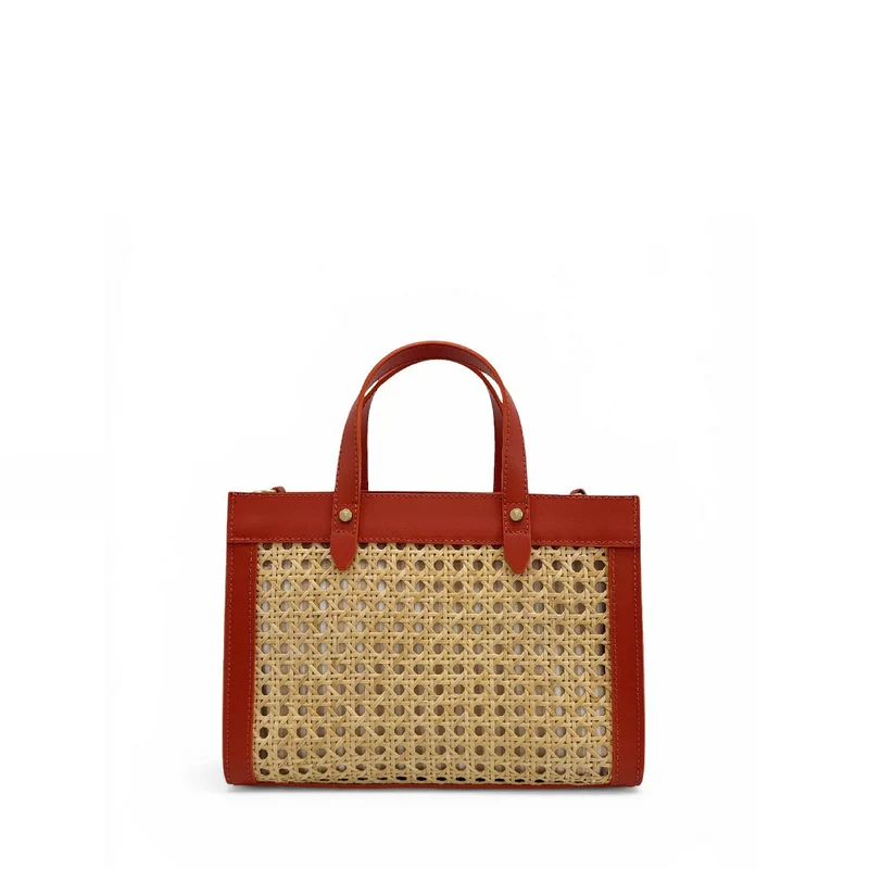 Sac cabas en cuir lisse et rotin THEOLINE Terracotta