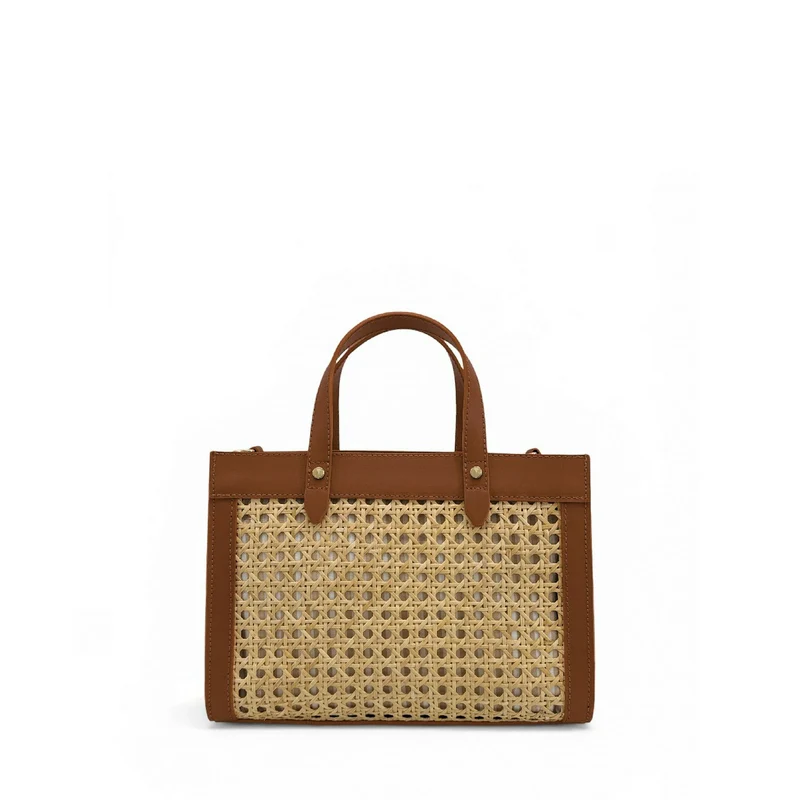 Sac cabas en cuir lisse et rotin THEOLINE Marron camel foncé