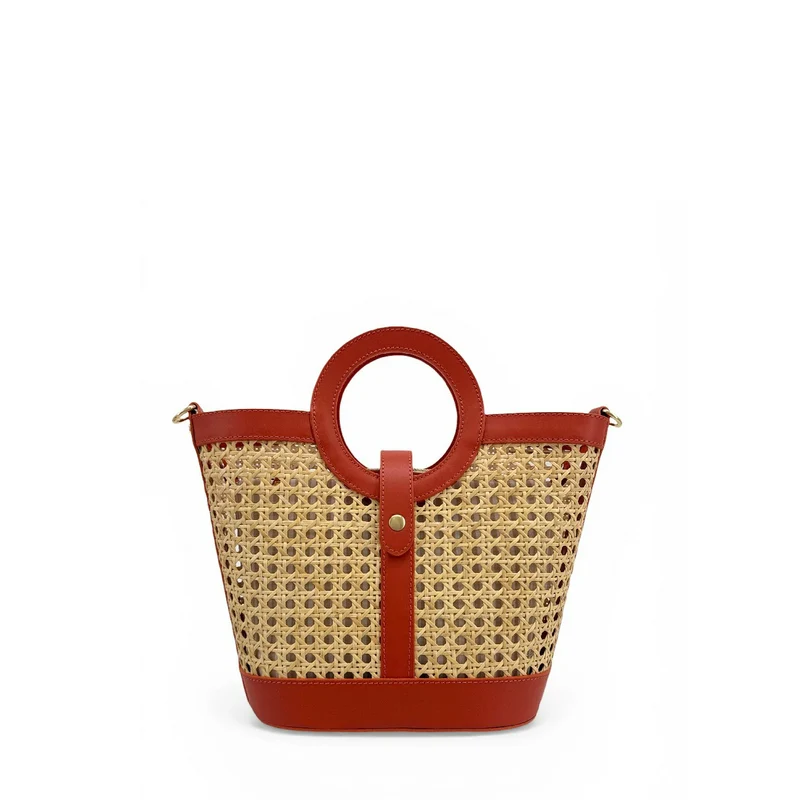 Sac cabas en cuir lisse et rotin ODINE Terracotta