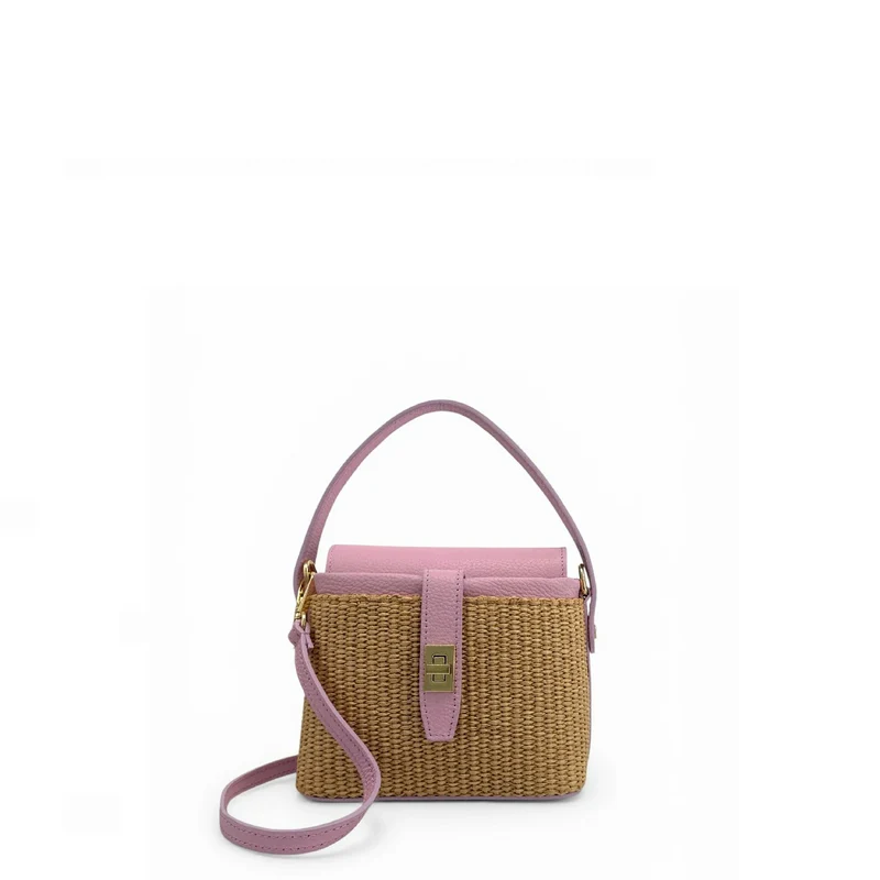 Mini-sac à main en cuir et raphia SIENNA Rose pâle