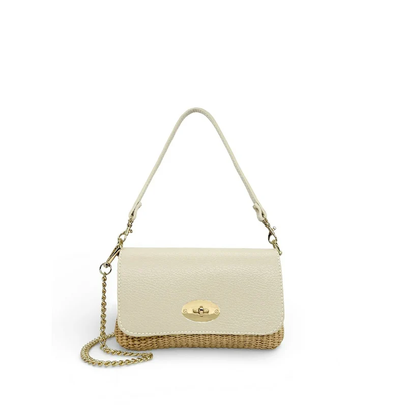 Mini sac en cuir grainé et raphia BAHIA Beige crème