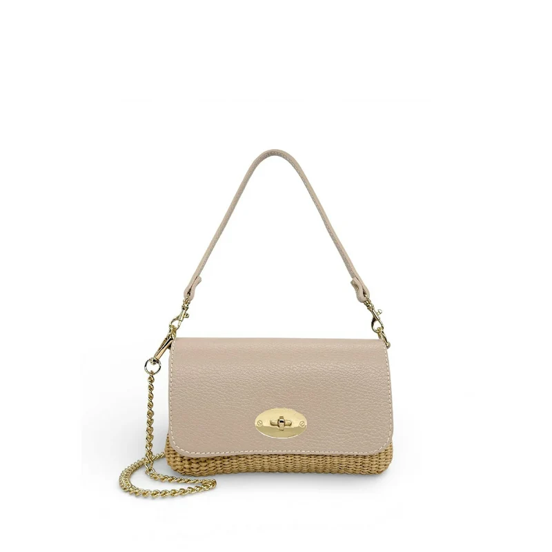Mini sac en cuir grainé et raphia BAHIA Rose nude