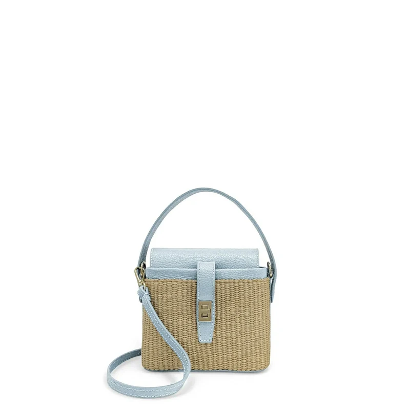 Mini-sac à main en cuir et raphia SIENNA Bleu pastel