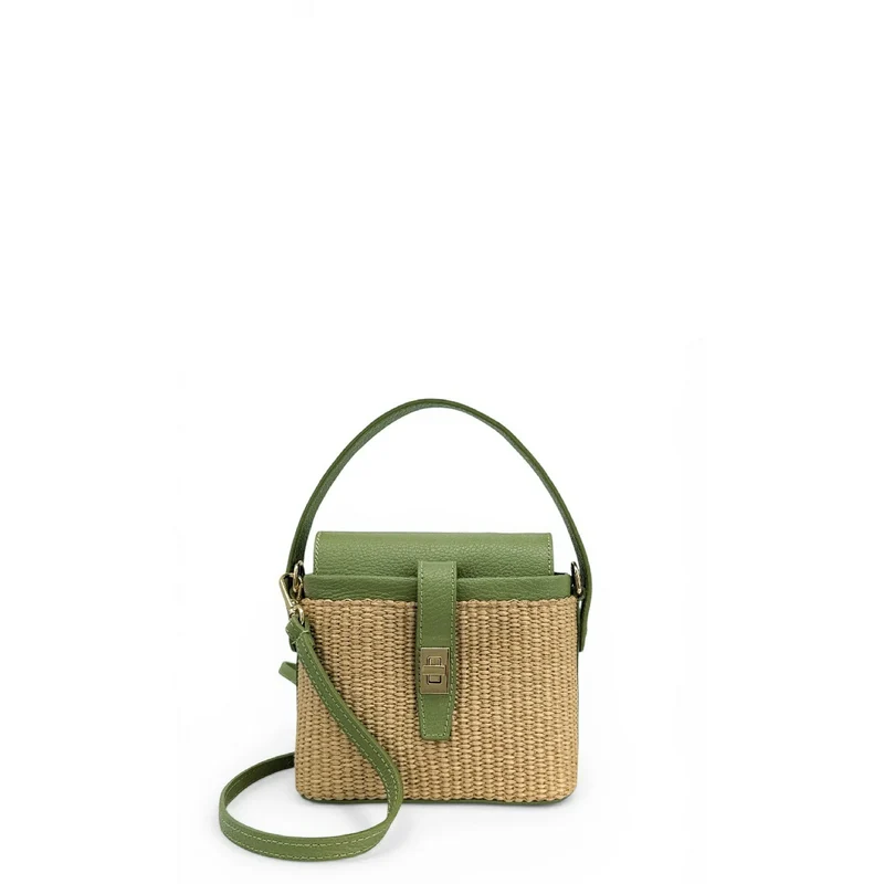 Mini-sac à main en cuir et raphia SIENNA Vert amande