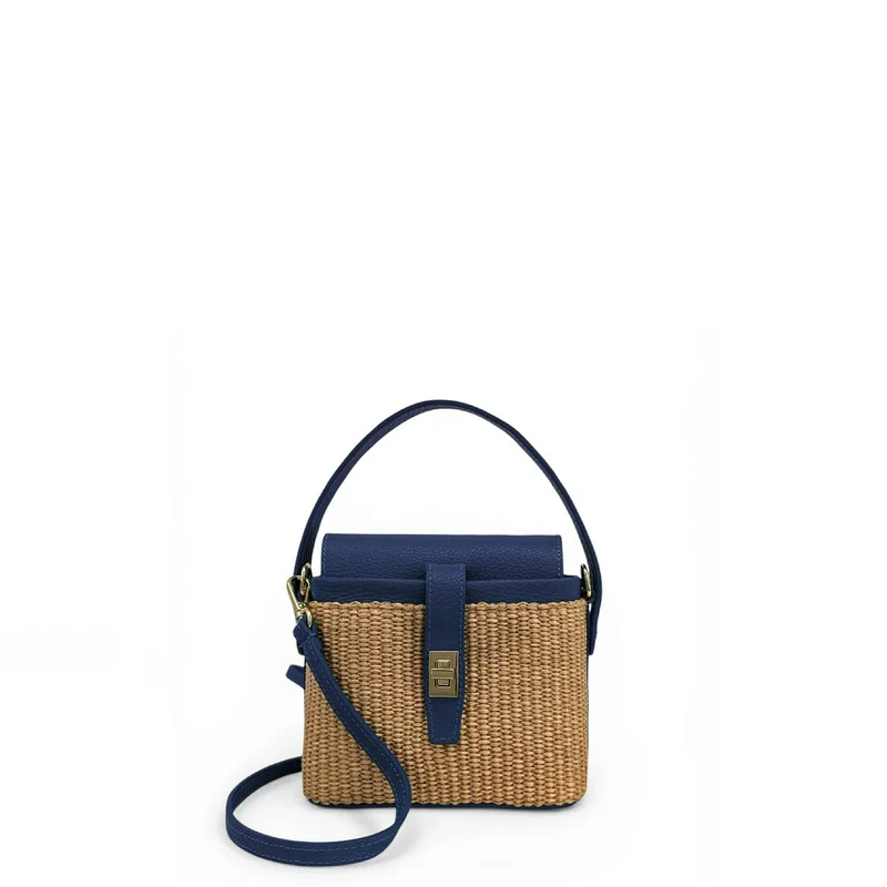 Mini-sac à main en cuir et raphia SIENNA Bleu marine