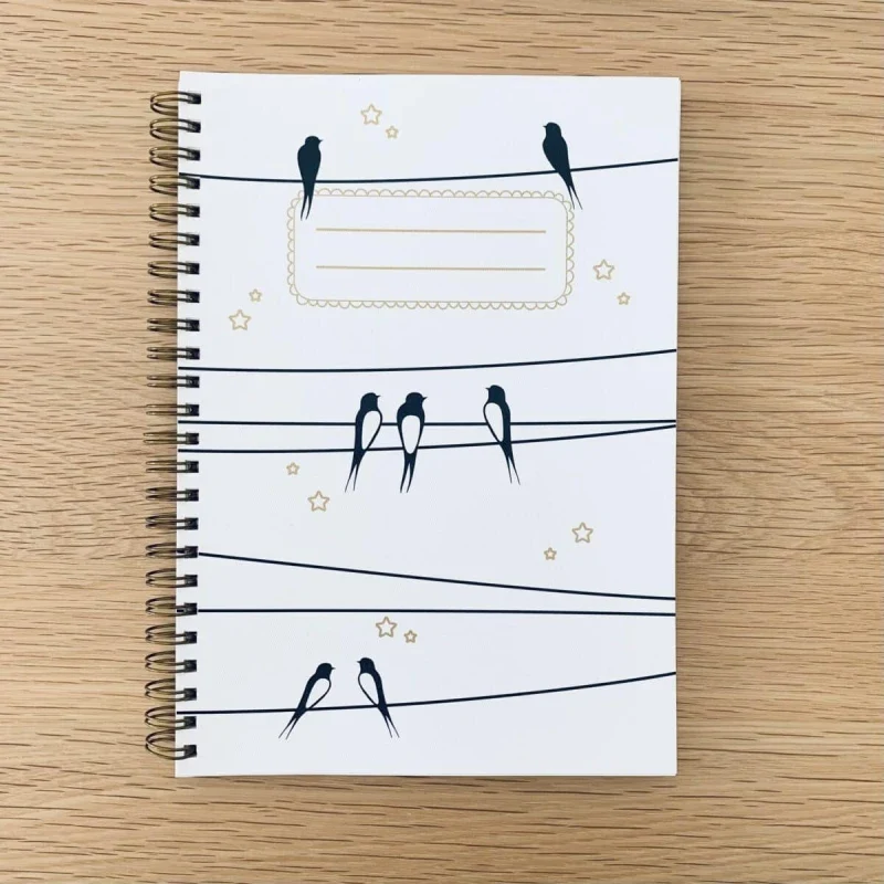 Carnet en papier A5 - Spirales et lignes - Les hirondelles sur le fil - Ciel blanc