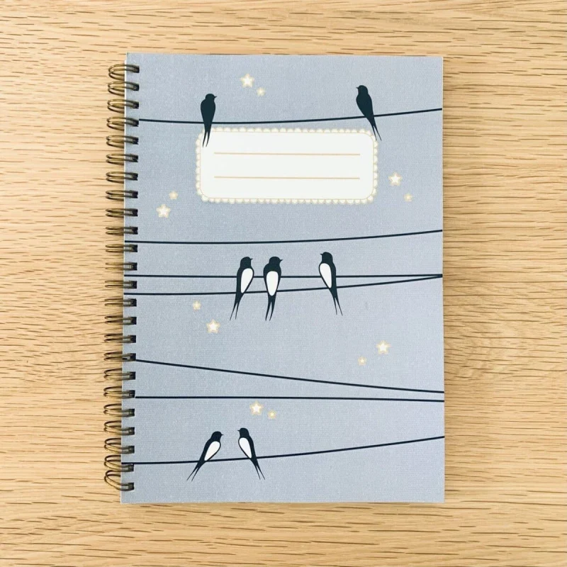 Carnet en papier A5 - Spirales et lignes - Les hirondelles sur le fil - Ciel bleu