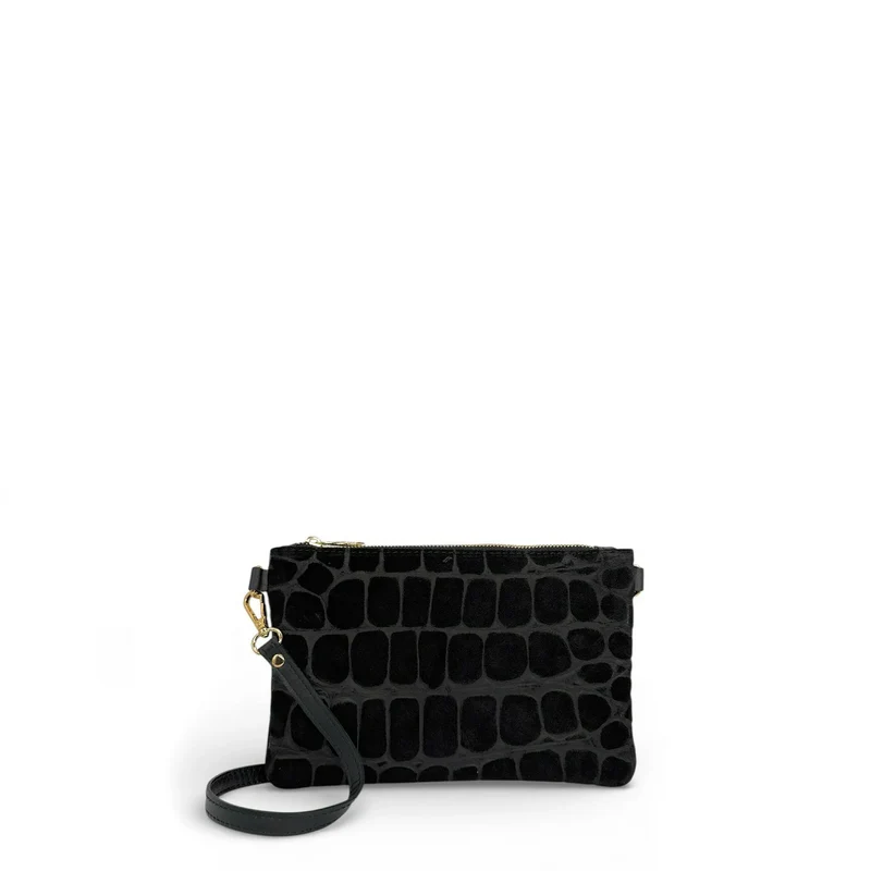 Sac pochette en daim embossé crocodile ZELINE Noir