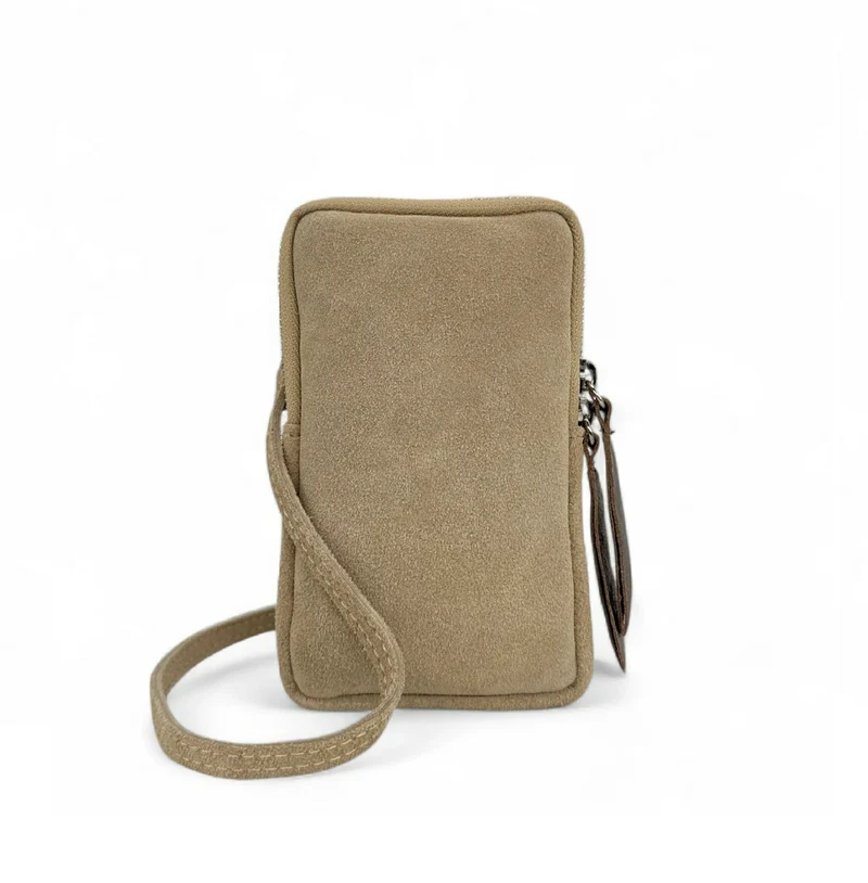Pochette bandoulière en daim LOUVRE Taupe clair