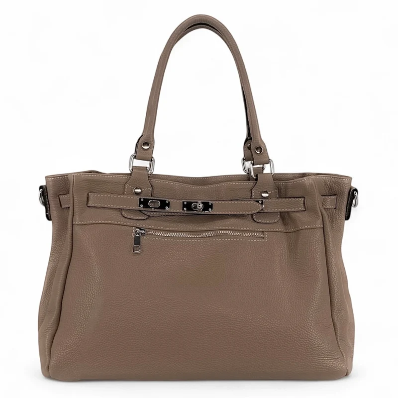 Sac cabas en cuir grainé JANET SILVER Taupe foncé