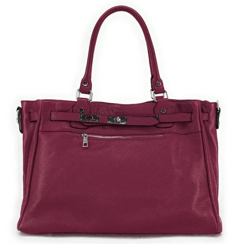 Sac cabas en cuir grainé JANET SILVER Prune