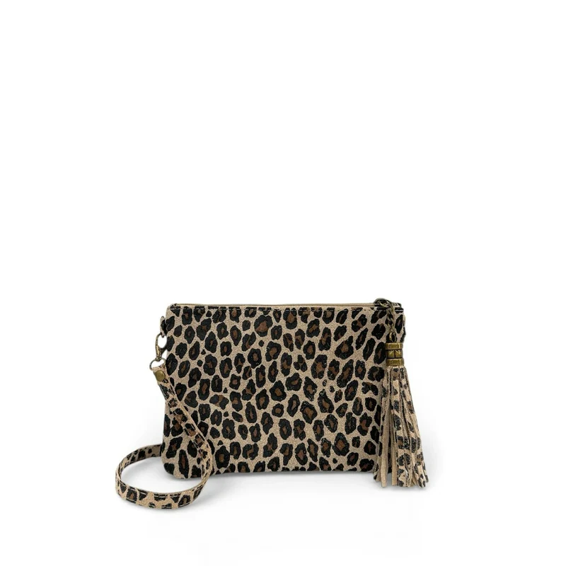 Sac pochette en daim à motif MORGANE JUNGLE Léopard taupe clair