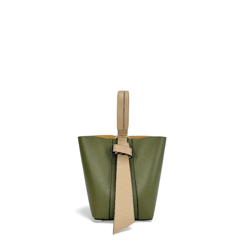 Sac seau et pochette en cuir grainé BIRDIE Beige et Kaki