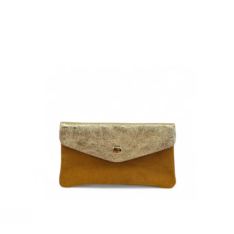 Pochette porte-monnaie en daim et cuir irisé COMBI Camel clair