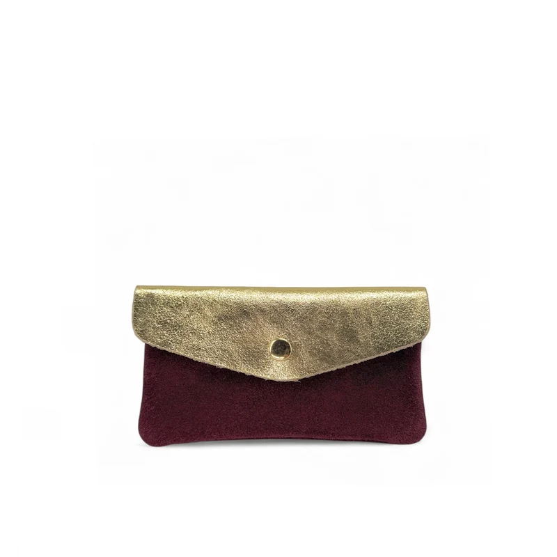 Pochette porte-monnaie en daim et cuir irisé COMBI Bordeaux