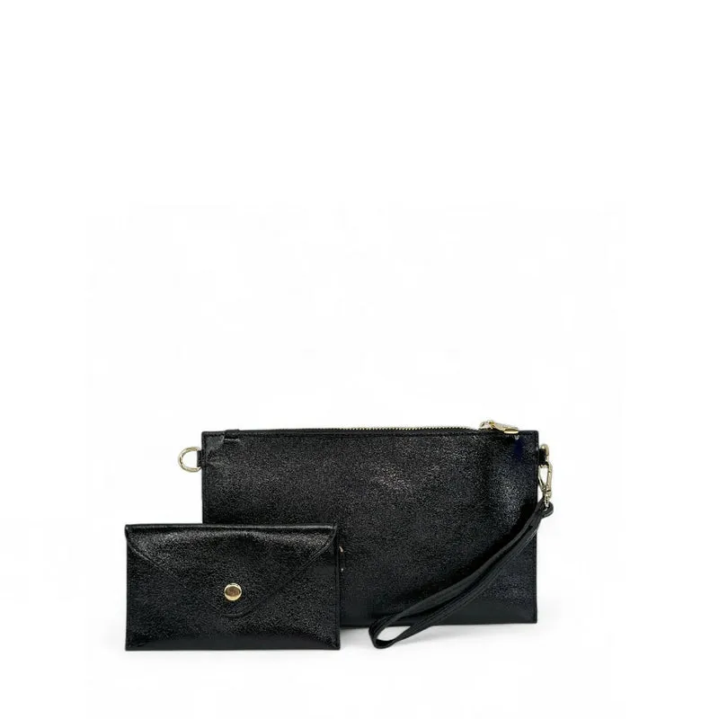 Ensemble sac pochette et porte-cartes en cuir irisé TWICE Noir irisé