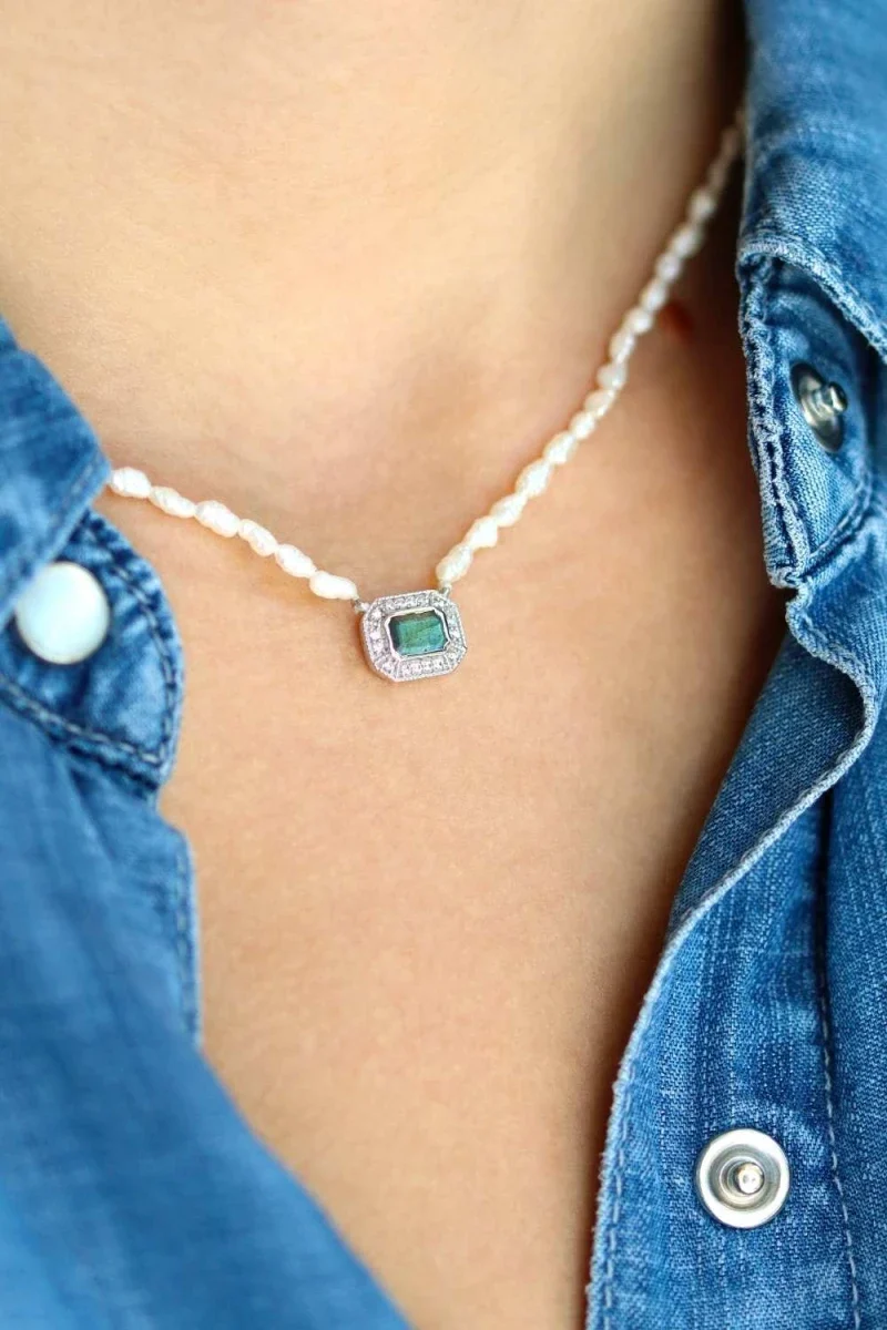 Collier art déco en argent Labradorite et perles d'eau douce "Annette"
