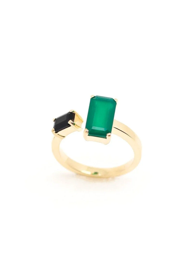 Bague plaqué or Onyx vert et Onyx noir"odette"