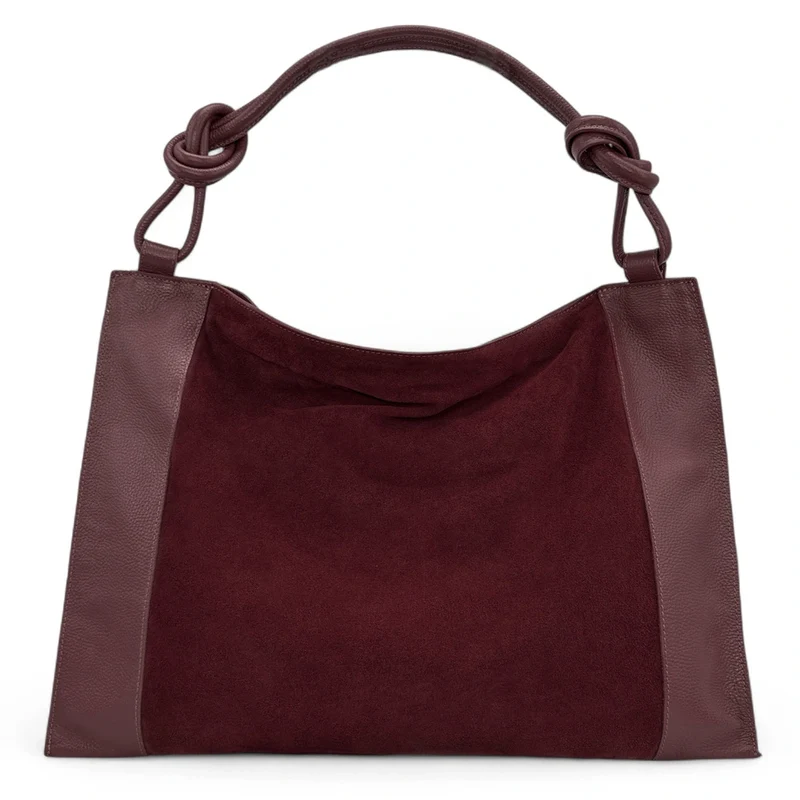 Grand sac porté épaule en daim et cuir grainé KNOT Bordeaux