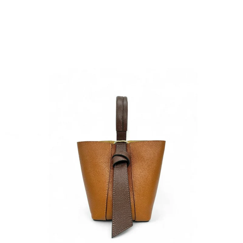 Sac seau et pochette en cuir grainé BIRDIE Camel foncé et Chocolat