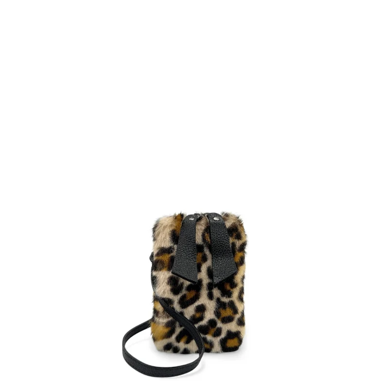 Sac pochette téléphone en cuir et poils synthétiques TABBY POCKET Léopard crème