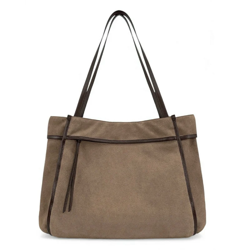 Grand sac cabas en daim et cuir lisse PURDAY Taupe foncé