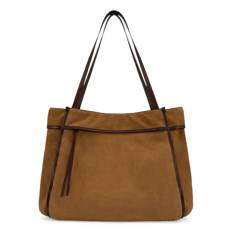 Grand sac cabas en daim et cuir lisse PURDAY Camel foncé