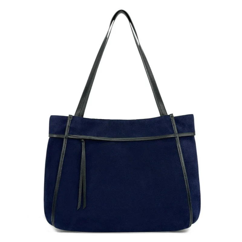 Grand sac cabas en daim et cuir lisse PURDAY Bleu marine