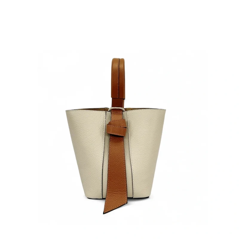 Sac seau et pochette en cuir grainé BIRDIE Beige et Camel